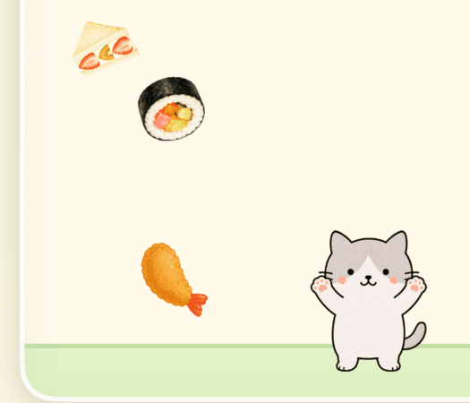 落ちてくるおかずをモグネコがキャッチするミニゲーム
