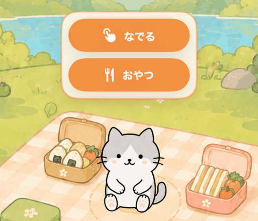 ピクニックの背景でモグネコがくつろぐホーム画面